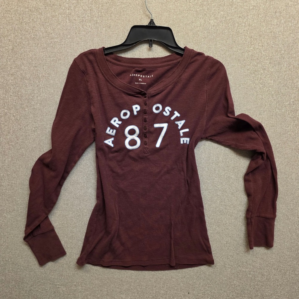 Aeropostale Womens XL Burgundy Waffle Knit Henley 87 Graphic Y2K Retro